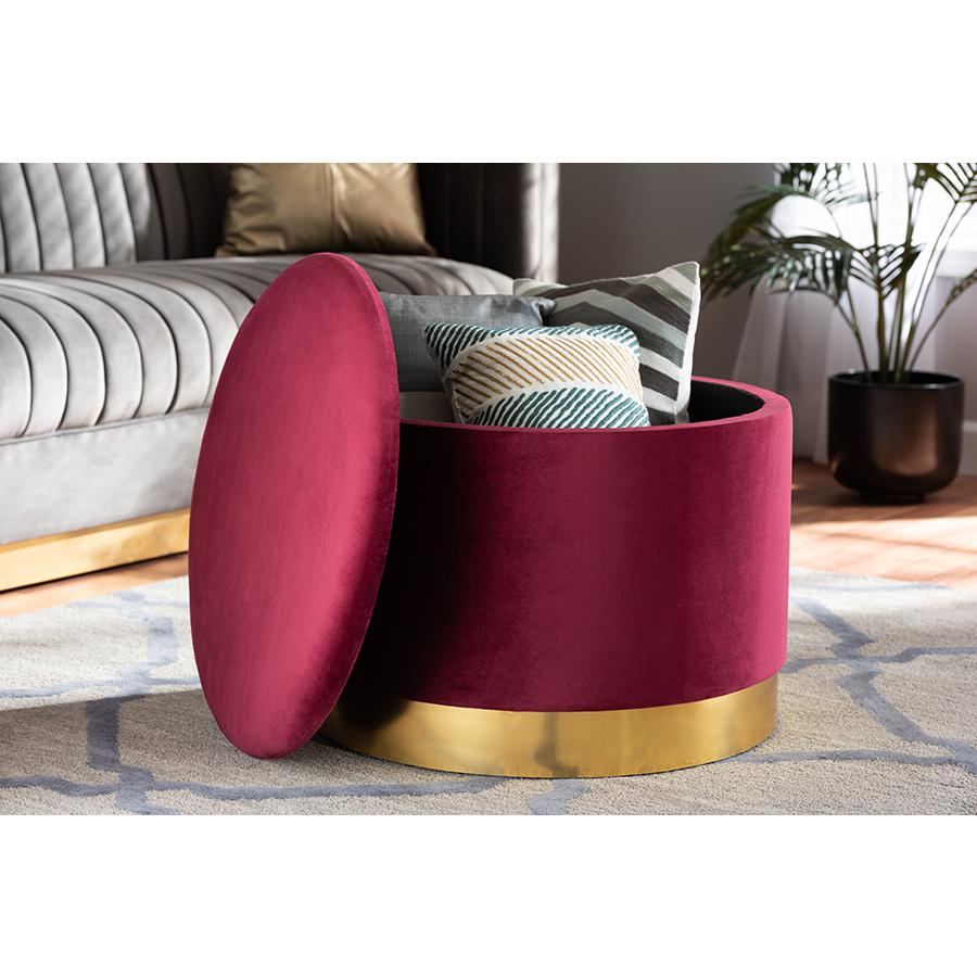 Marisa Glam and Luxe Red Velvet Fabric Upholstered Gold Finished Storage Ottoman. Picture 6