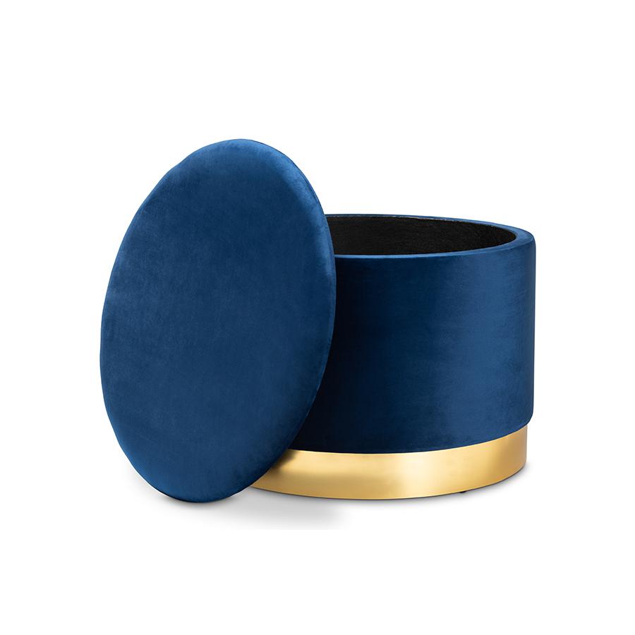 Baxton Studio Marisa Glam and Luxe Navy Blue Velvet Fabric Upholstered Gold Finished Storage Ottoman. Picture 2