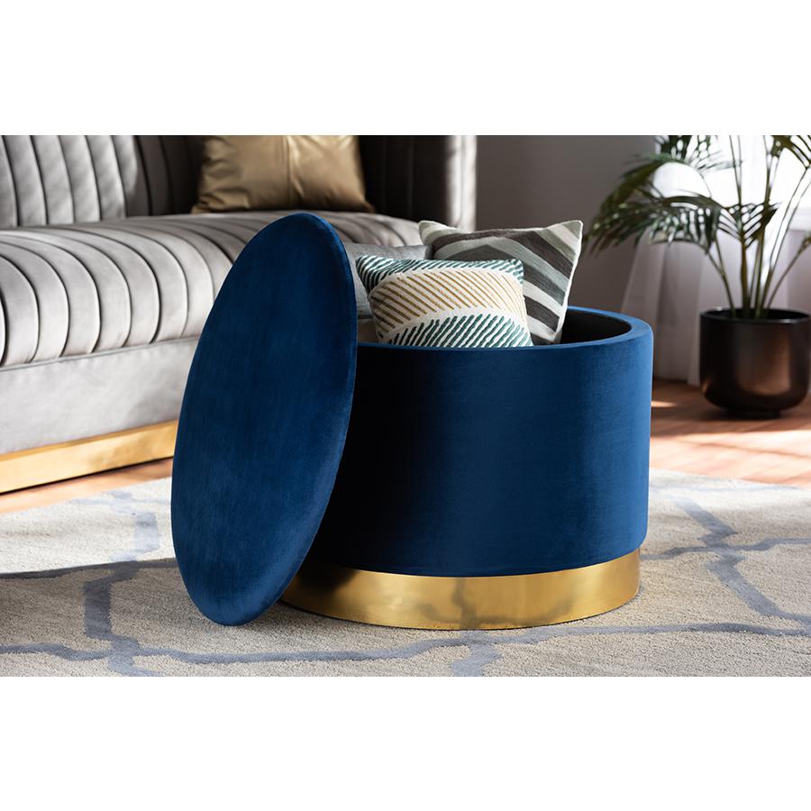 Baxton Studio Marisa Glam and Luxe Navy Blue Velvet Fabric Upholstered Gold Finished Storage Ottoman. Picture 6