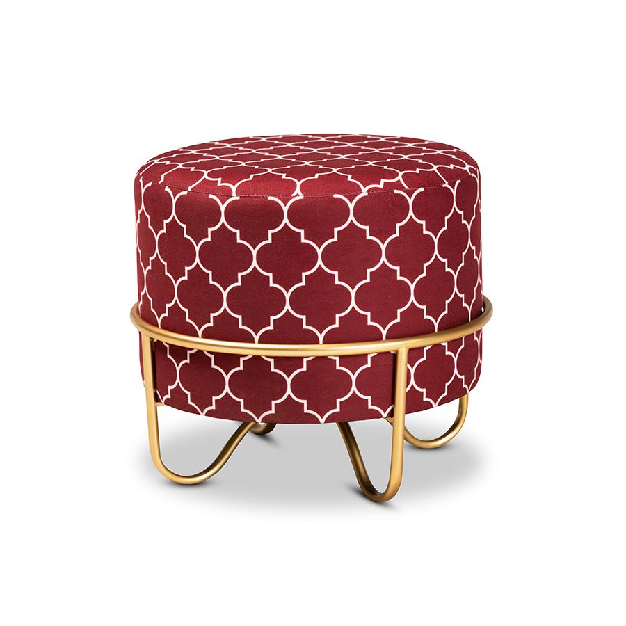 Luxe Red Quatrefoil Velvet Fabric Upholstered Gold Finished Metal Ottoman. Picture 1