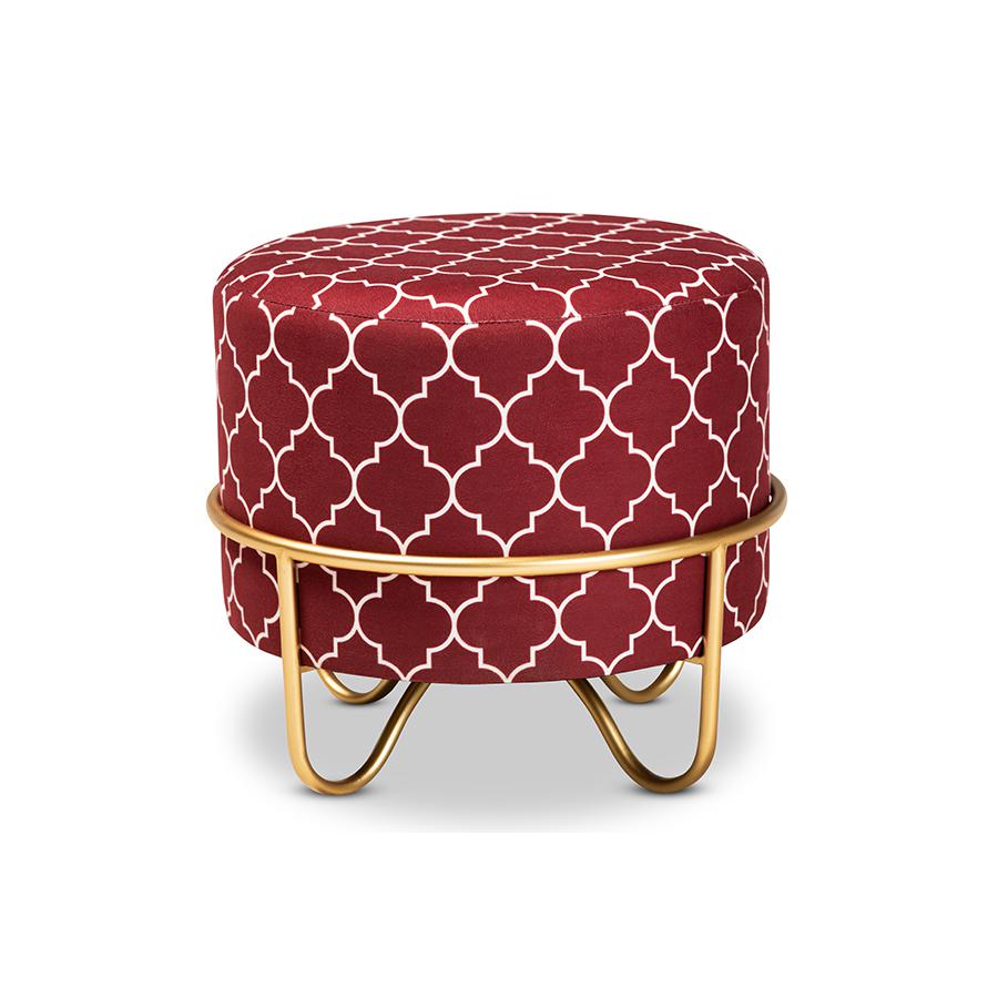 Luxe Red Quatrefoil Velvet Fabric Upholstered Gold Finished Metal Ottoman. Picture 2