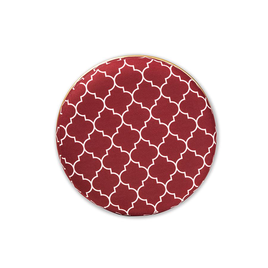 Baxton Studio Candice Glam and Luxe Red Quatrefoil Velvet Fabric Upholstered Gold Finished Metal Ottoman. Picture 3