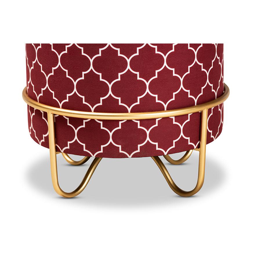 Luxe Red Quatrefoil Velvet Fabric Upholstered Gold Finished Metal Ottoman. Picture 4