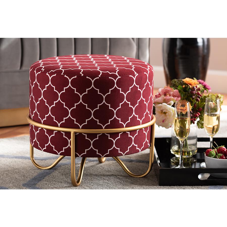 Luxe Red Quatrefoil Velvet Fabric Upholstered Gold Finished Metal Ottoman. Picture 5