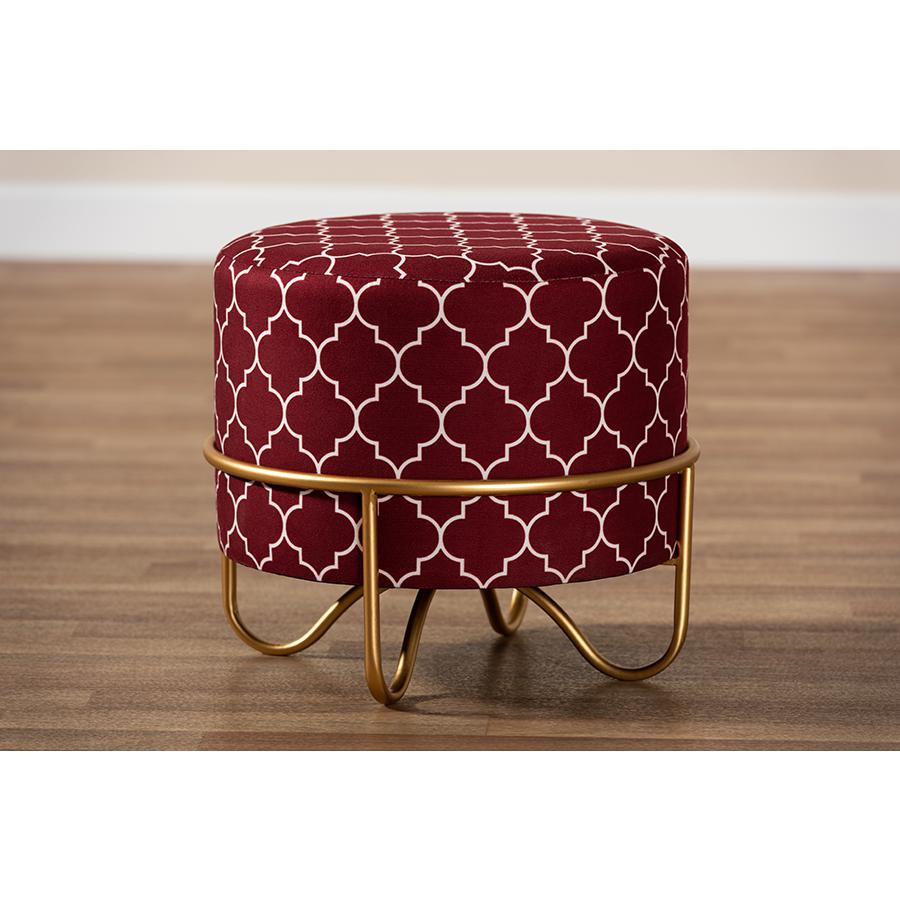 Luxe Red Quatrefoil Velvet Fabric Upholstered Gold Finished Metal Ottoman. Picture 6