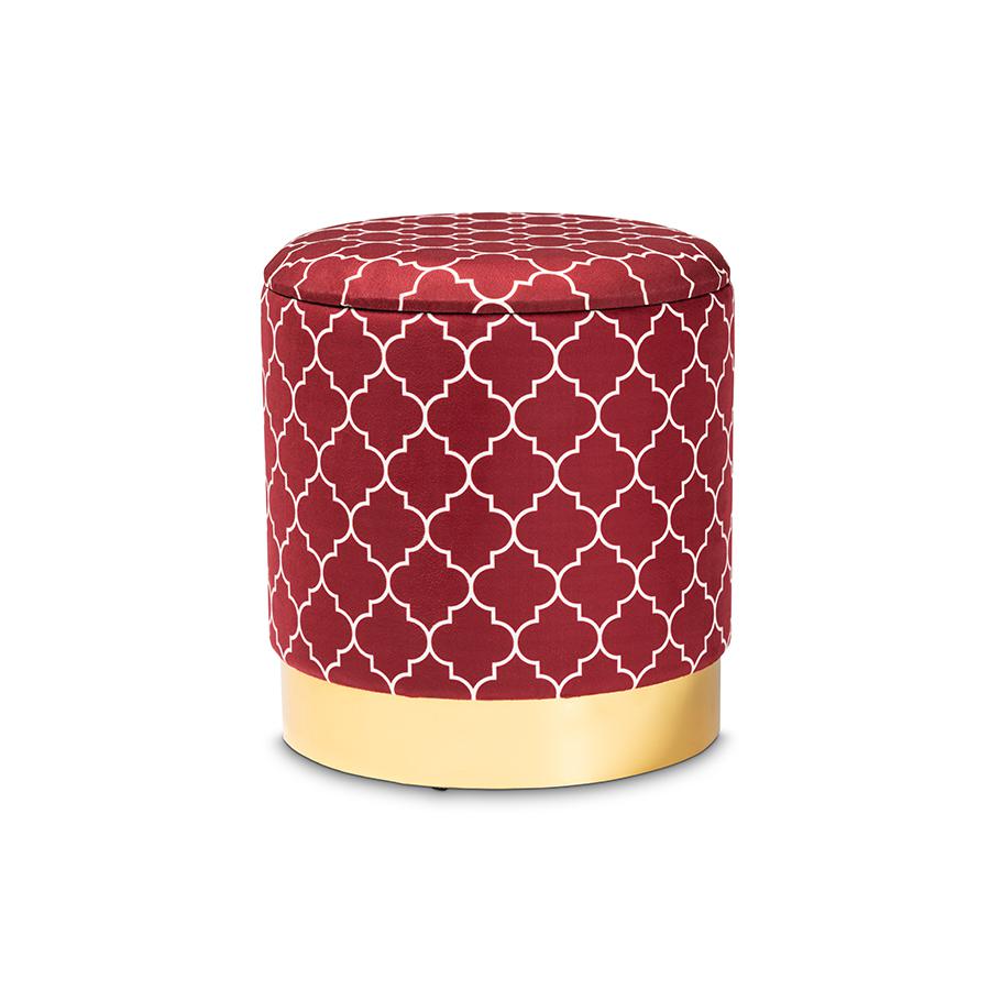 Baxton Studio Serra Glam and Luxe Red Quatrefoil Velvet Fabric Upholstered Gold Finished Metal Storage Ottoman. Picture 1