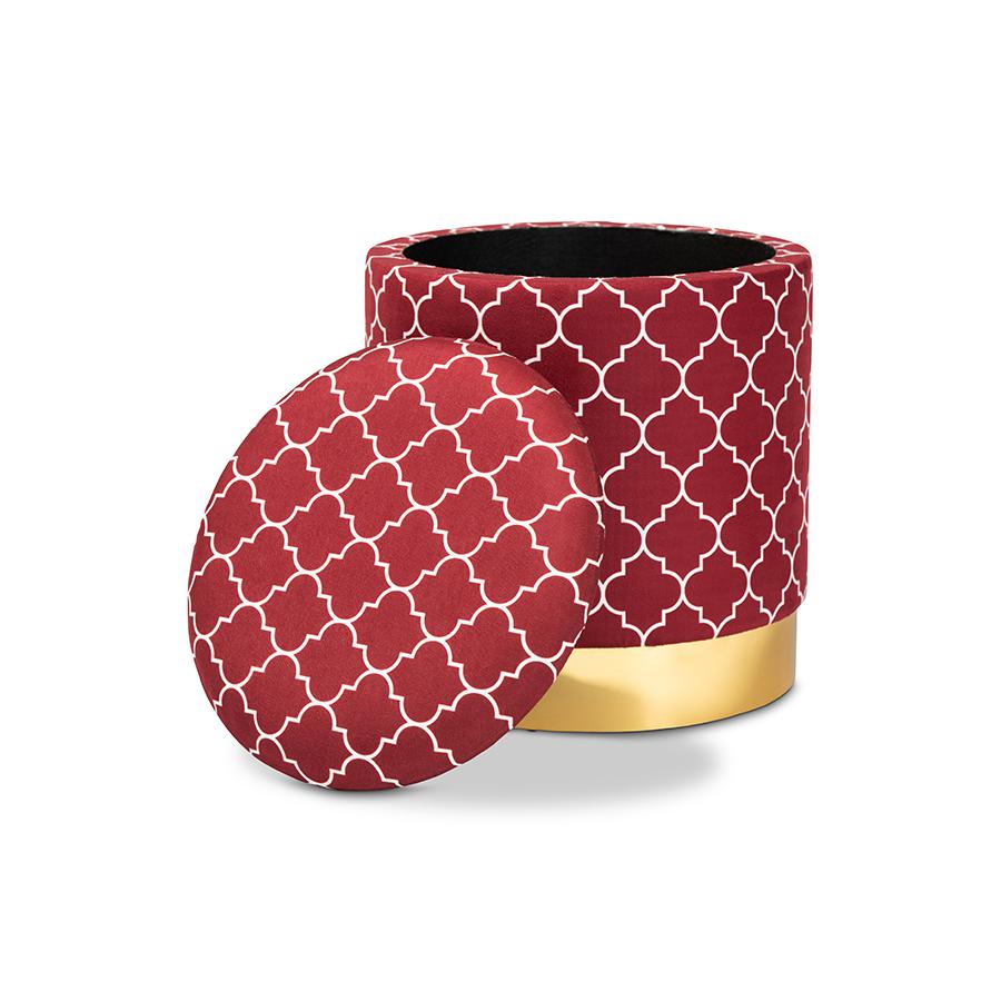 Baxton Studio Serra Glam and Luxe Red Quatrefoil Velvet Fabric Upholstered Gold Finished Metal Storage Ottoman. Picture 2