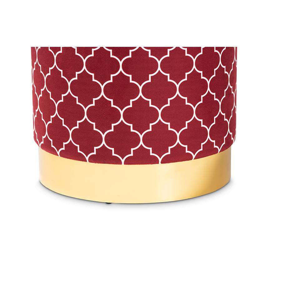 Baxton Studio Serra Glam and Luxe Red Quatrefoil Velvet Fabric Upholstered Gold Finished Metal Storage Ottoman. Picture 4