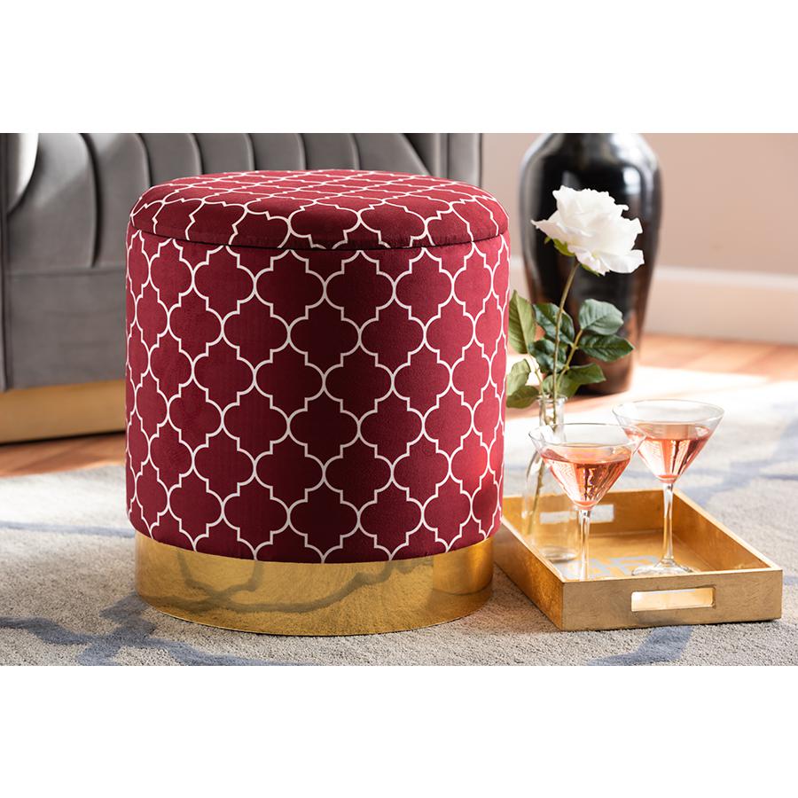 Baxton Studio Serra Glam and Luxe Red Quatrefoil Velvet Fabric Upholstered Gold Finished Metal Storage Ottoman. Picture 5