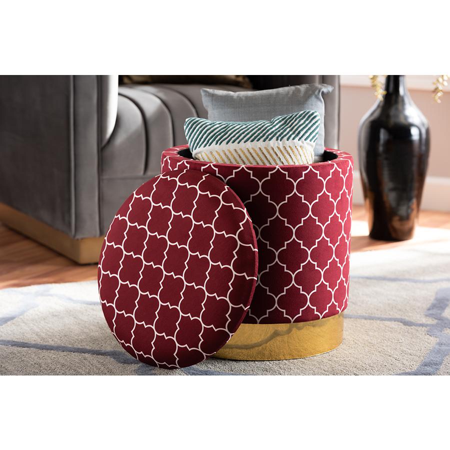 Baxton Studio Serra Glam and Luxe Red Quatrefoil Velvet Fabric Upholstered Gold Finished Metal Storage Ottoman. Picture 6