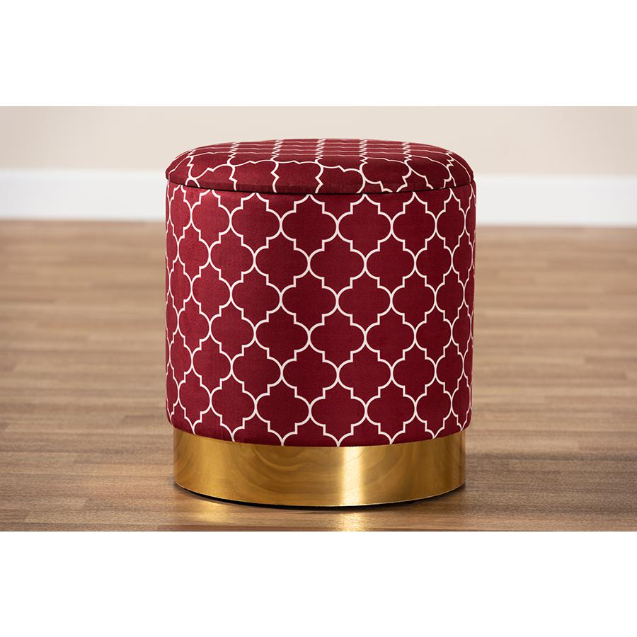 Baxton Studio Serra Glam and Luxe Red Quatrefoil Velvet Fabric Upholstered Gold Finished Metal Storage Ottoman. Picture 7