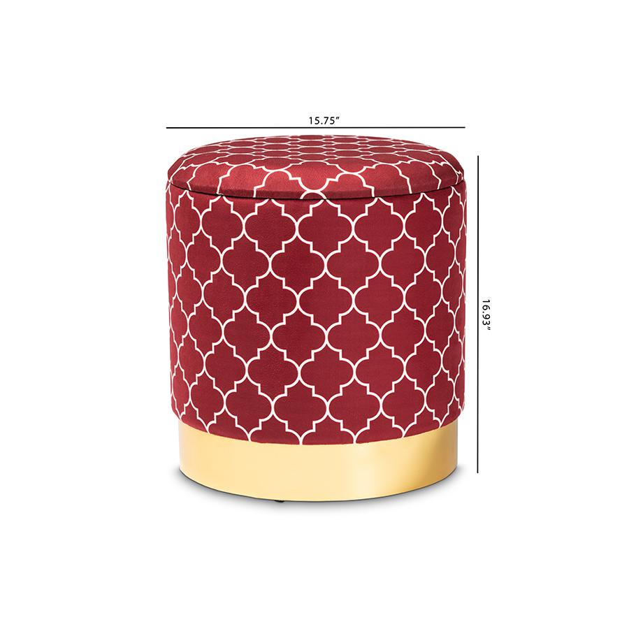 Baxton Studio Serra Glam and Luxe Red Quatrefoil Velvet Fabric Upholstered Gold Finished Metal Storage Ottoman. Picture 8
