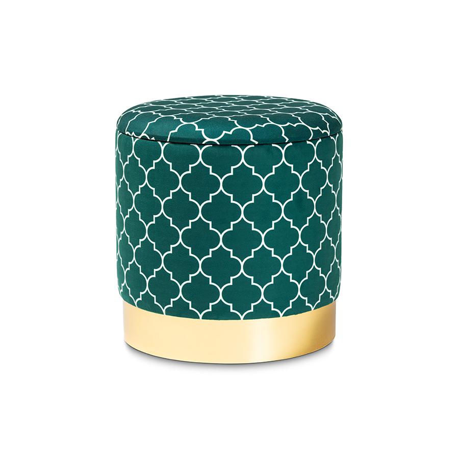 Baxton Studio Serra Glam and Luxe Teal Green Quatrefoil Velvet Fabric Upholstered Gold Finished Metal Storage Ottoman. Picture 1