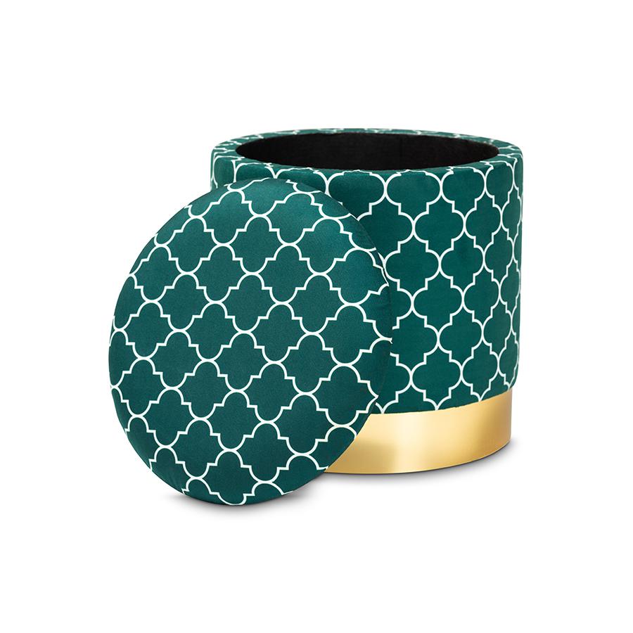 Baxton Studio Serra Glam and Luxe Teal Green Quatrefoil Velvet Fabric Upholstered Gold Finished Metal Storage Ottoman. Picture 2