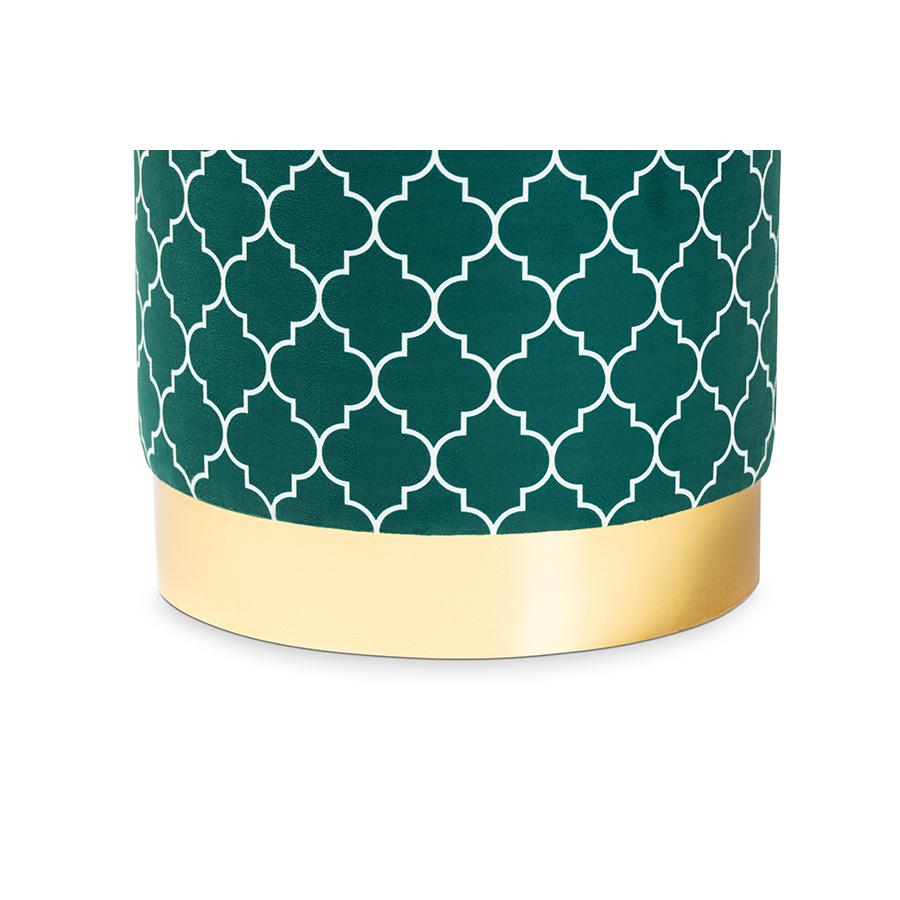 Baxton Studio Serra Glam and Luxe Teal Green Quatrefoil Velvet Fabric Upholstered Gold Finished Metal Storage Ottoman. Picture 4