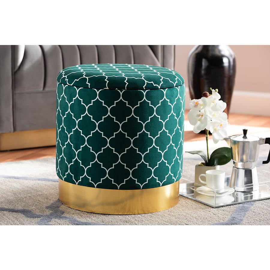 Baxton Studio Serra Glam and Luxe Teal Green Quatrefoil Velvet Fabric Upholstered Gold Finished Metal Storage Ottoman. Picture 5
