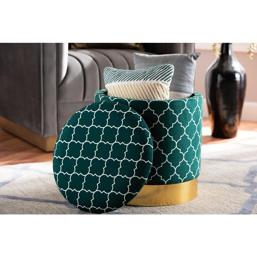 Baxton Studio Serra Glam and Luxe Teal Green Quatrefoil Velvet Fabric Upholstered Gold Finished Metal Storage Ottoman. Picture 6