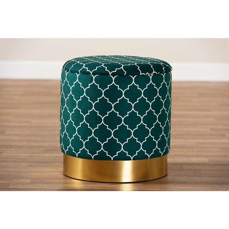 Baxton Studio Serra Glam and Luxe Teal Green Quatrefoil Velvet Fabric Upholstered Gold Finished Metal Storage Ottoman. Picture 7