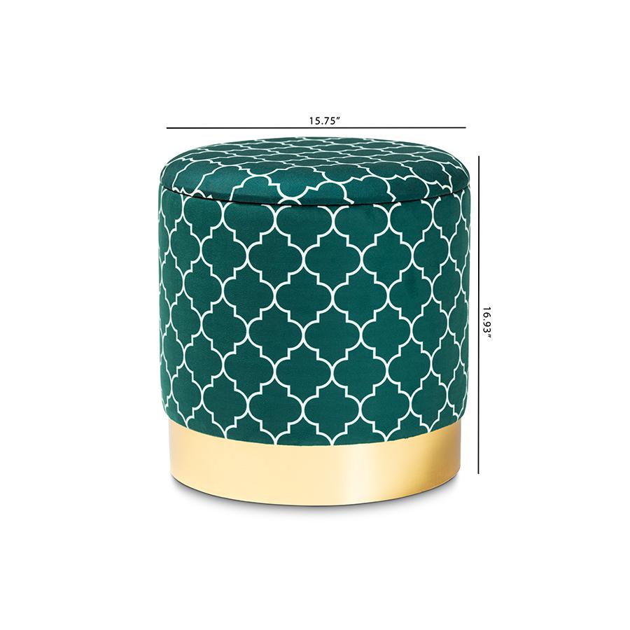 Baxton Studio Serra Glam and Luxe Teal Green Quatrefoil Velvet Fabric Upholstered Gold Finished Metal Storage Ottoman. Picture 8