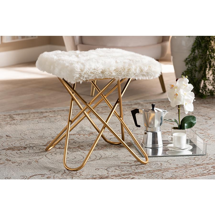 Baxton Studio Valle Glam and Luxe White Faux Fur Upholstered Gold Finished Metal Ottoman. Picture 5