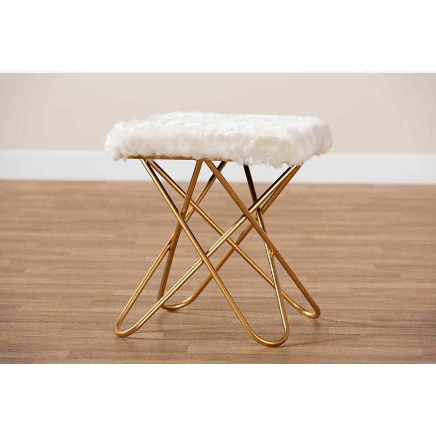 Baxton Studio Valle Glam and Luxe White Faux Fur Upholstered Gold Finished Metal Ottoman. Picture 6