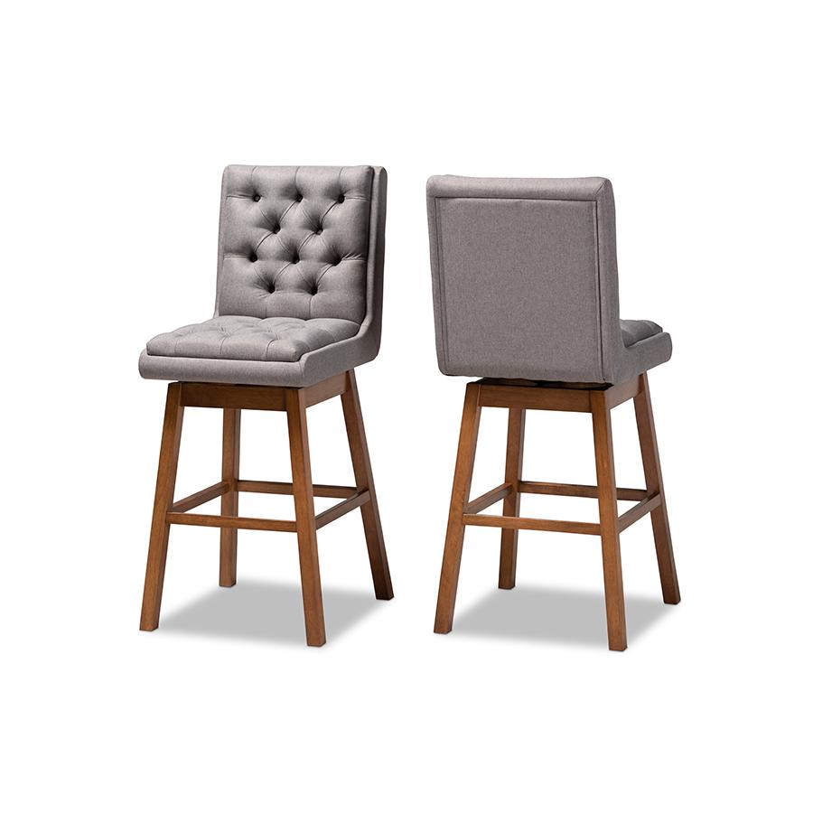 Baxton Studio Gregory Modern Transitional Grey Fabric Upholstered and Walnut Brown Finished Wood 2 Piece Swivel Bar Stool Set. Picture 1
