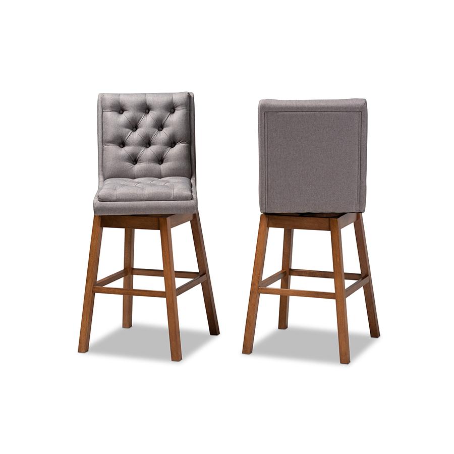 Baxton Studio Gregory Modern Transitional Grey Fabric Upholstered and Walnut Brown Finished Wood 2 Piece Swivel Bar Stool Set. Picture 2