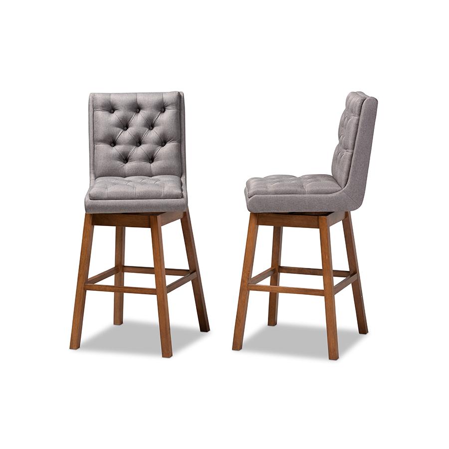 Baxton Studio Gregory Modern Transitional Grey Fabric Upholstered and Walnut Brown Finished Wood 2 Piece Swivel Bar Stool Set. Picture 3
