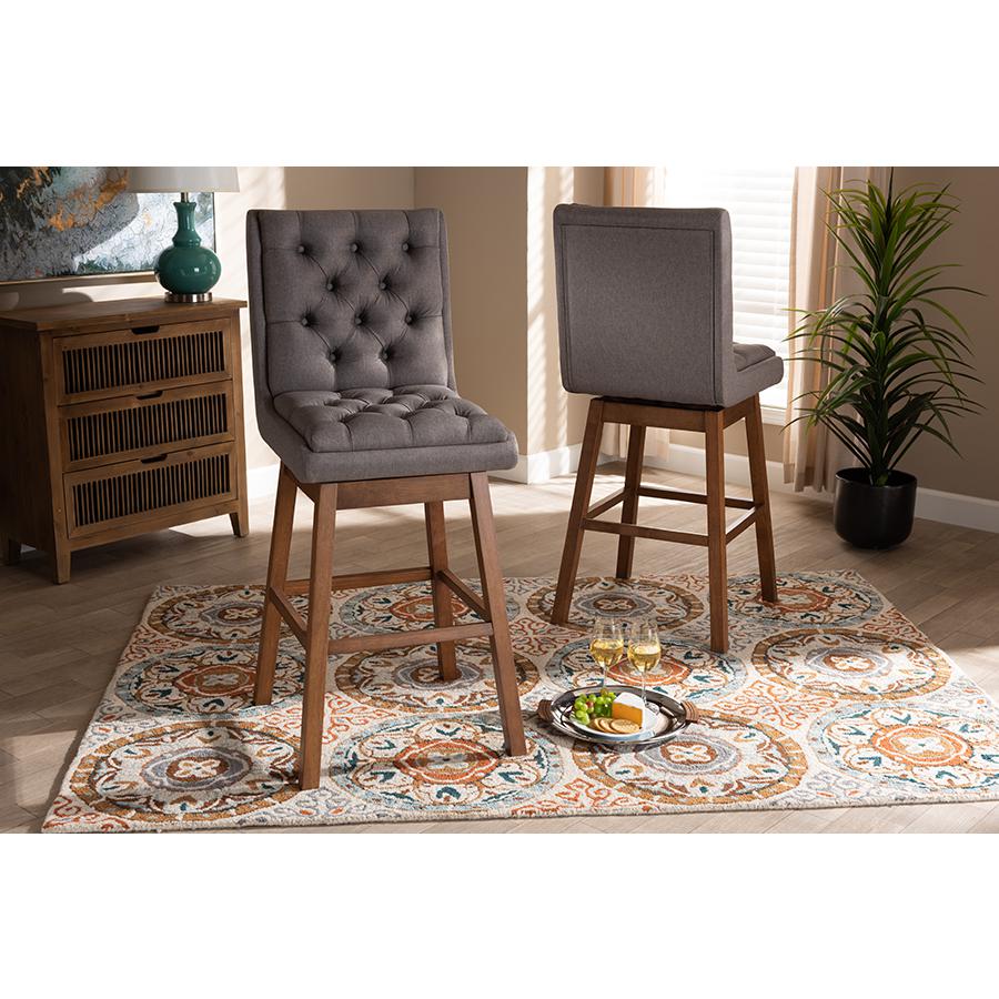 Baxton Studio Gregory Modern Transitional Grey Fabric Upholstered and Walnut Brown Finished Wood 2 Piece Swivel Bar Stool Set. Picture 6