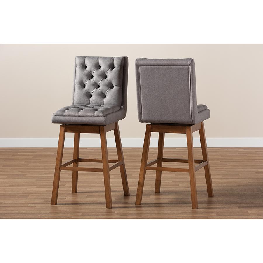 Baxton Studio Gregory Modern Transitional Grey Fabric Upholstered and Walnut Brown Finished Wood 2 Piece Swivel Bar Stool Set. Picture 7