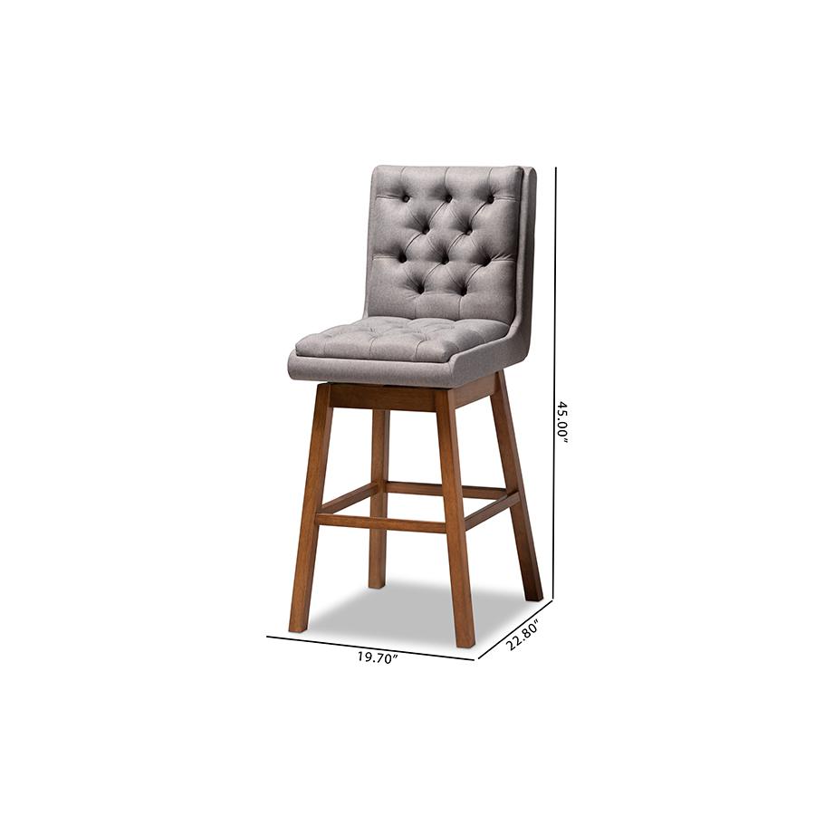 Baxton Studio Gregory Modern Transitional Grey Fabric Upholstered and Walnut Brown Finished Wood 2 Piece Swivel Bar Stool Set. Picture 8