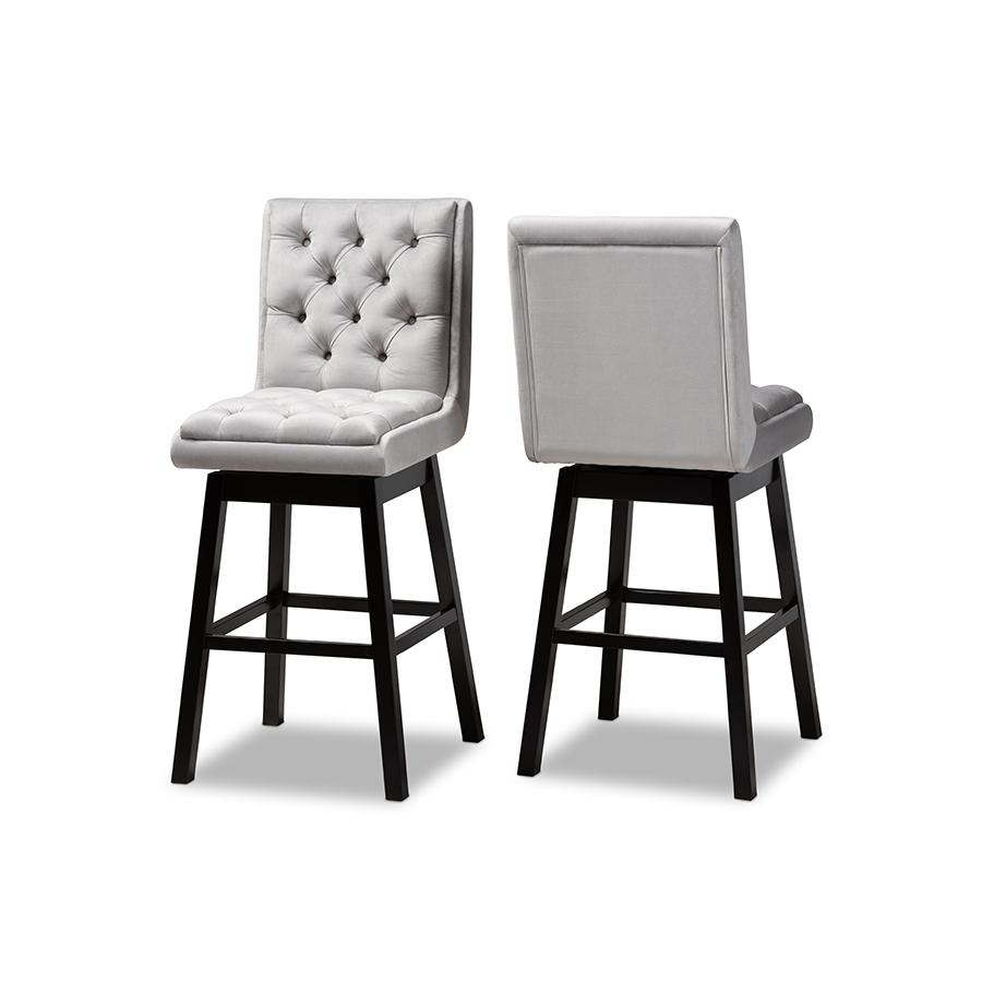 Baxton Studio Gregory Modern Transitional Light Grey Velvet Fabric Upholstered and Dark Brown Finished Wood 2 Piece Swivel Bar Stool Set. Picture 1