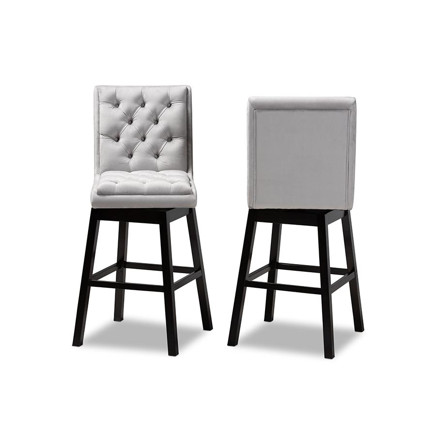 Baxton Studio Gregory Modern Transitional Light Grey Velvet Fabric Upholstered and Dark Brown Finished Wood 2 Piece Swivel Bar Stool Set. Picture 2