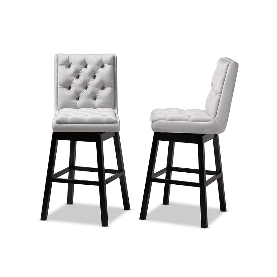 Baxton Studio Gregory Modern Transitional Light Grey Velvet Fabric Upholstered and Dark Brown Finished Wood 2 Piece Swivel Bar Stool Set. Picture 3