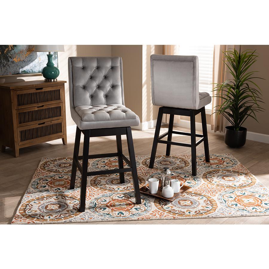 Baxton Studio Gregory Modern Transitional Light Grey Velvet Fabric Upholstered and Dark Brown Finished Wood 2 Piece Swivel Bar Stool Set. Picture 6