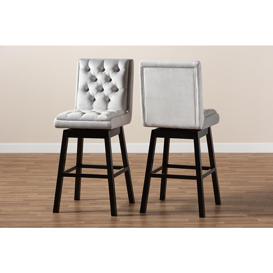 Baxton Studio Gregory Modern Transitional Light Grey Velvet Fabric Upholstered and Dark Brown Finished Wood 2 Piece Swivel Bar Stool Set. Picture 7