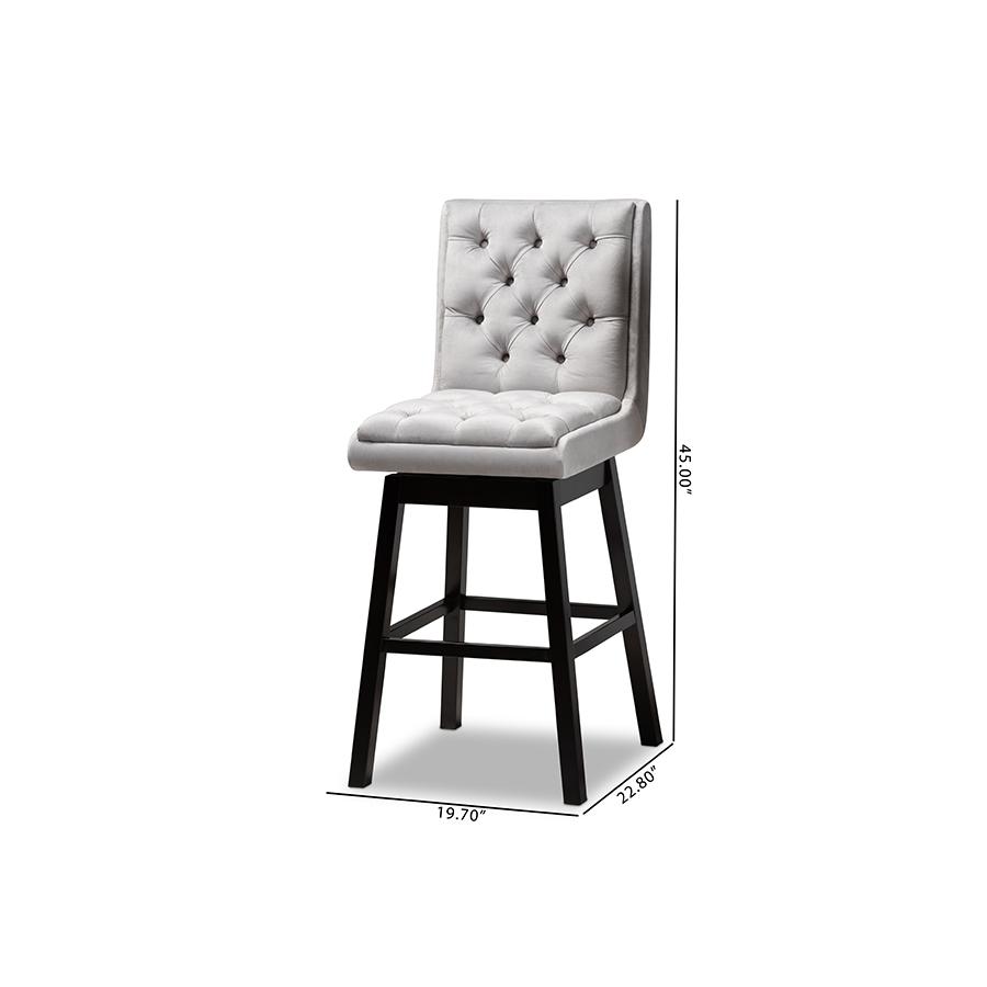 Baxton Studio Gregory Modern Transitional Light Grey Velvet Fabric Upholstered and Dark Brown Finished Wood 2 Piece Swivel Bar Stool Set. Picture 8