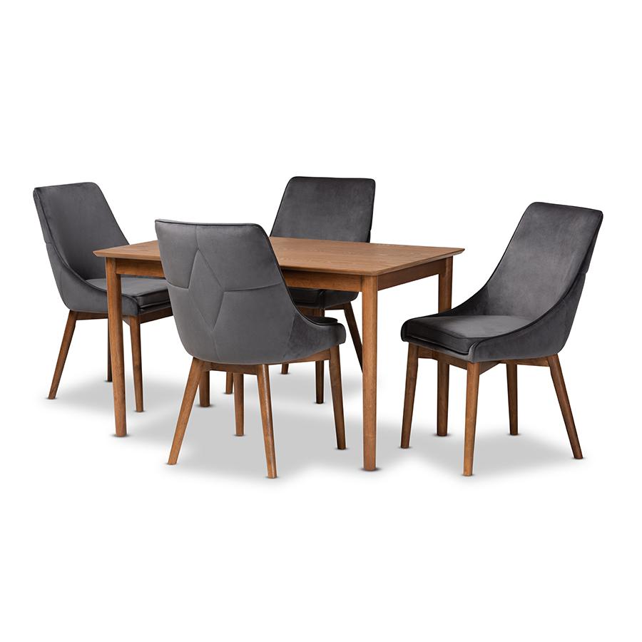 Grey Velvet Fabric Upholstered and Walnut Brown Finished Wood 5-Piece Dining Set. Picture 1