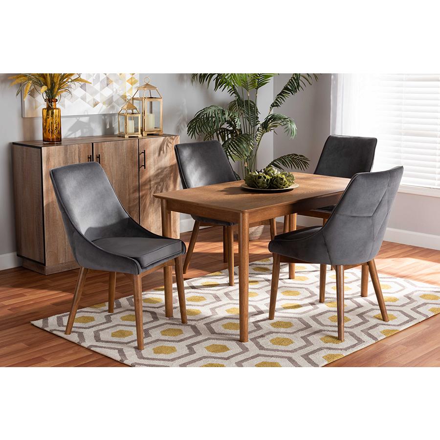 Grey Velvet Fabric Upholstered and Walnut Brown Finished Wood 5-Piece Dining Set. Picture 7