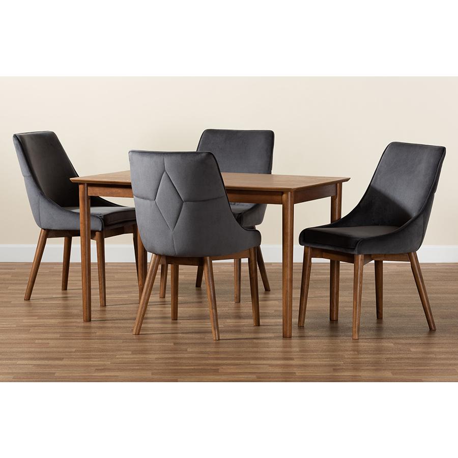 Grey Velvet Fabric Upholstered and Walnut Brown Finished Wood 5-Piece Dining Set. Picture 8