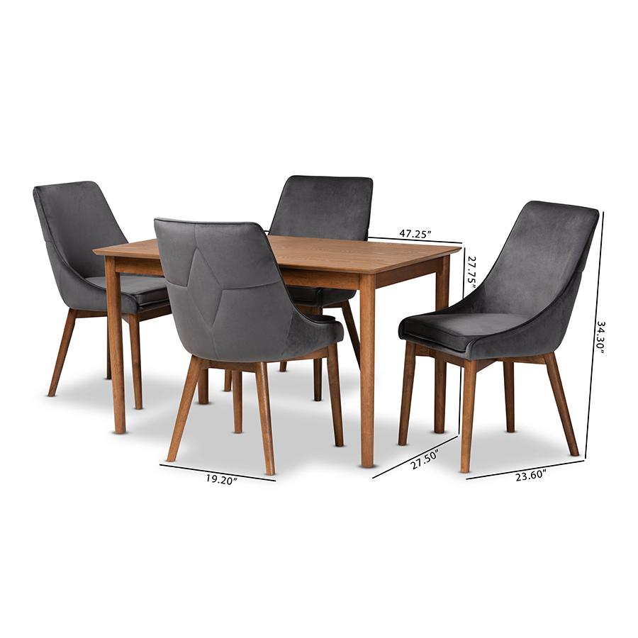 Grey Velvet Fabric Upholstered and Walnut Brown Finished Wood 5-Piece Dining Set. Picture 9
