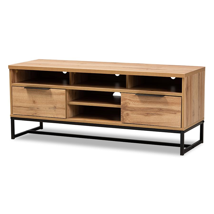Reid Modern and Contemporary Industrial Oak Finished Wood and Black Metal 2-Drawer TV Stand. Picture 1