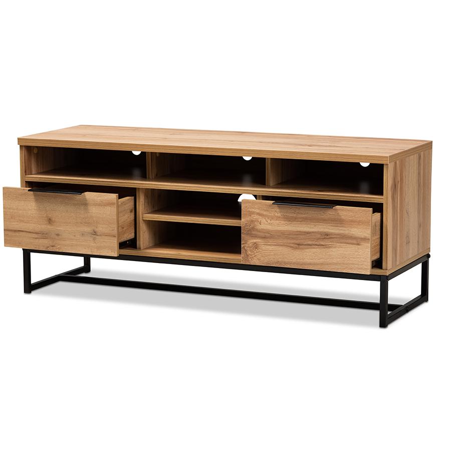 Reid Modern and Contemporary Industrial Oak Finished Wood and Black Metal 2-Drawer TV Stand. Picture 2