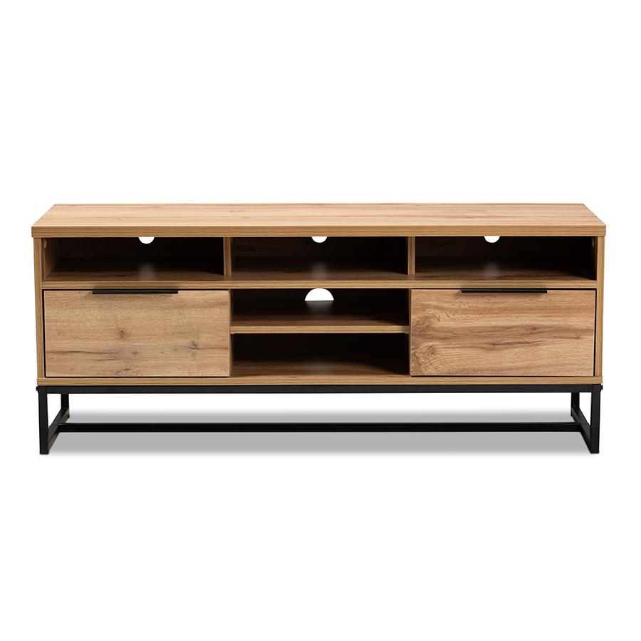 Reid Modern and Contemporary Industrial Oak Finished Wood and Black Metal 2-Drawer TV Stand. Picture 3