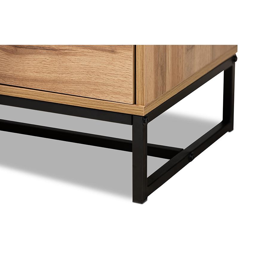 Reid Modern and Contemporary Industrial Oak Finished Wood and Black Metal 2-Drawer TV Stand. Picture 6