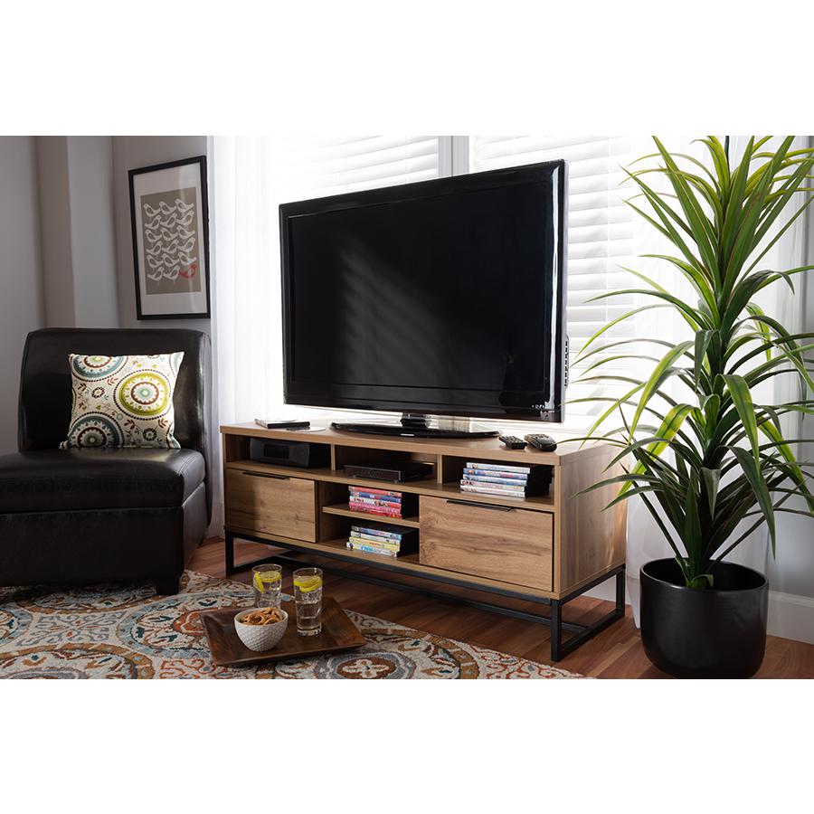 Reid Modern and Contemporary Industrial Oak Finished Wood and Black Metal 2-Drawer TV Stand. Picture 7