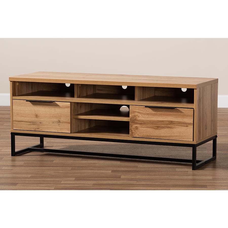 Reid Modern and Contemporary Industrial Oak Finished Wood and Black Metal 2-Drawer TV Stand. Picture 8