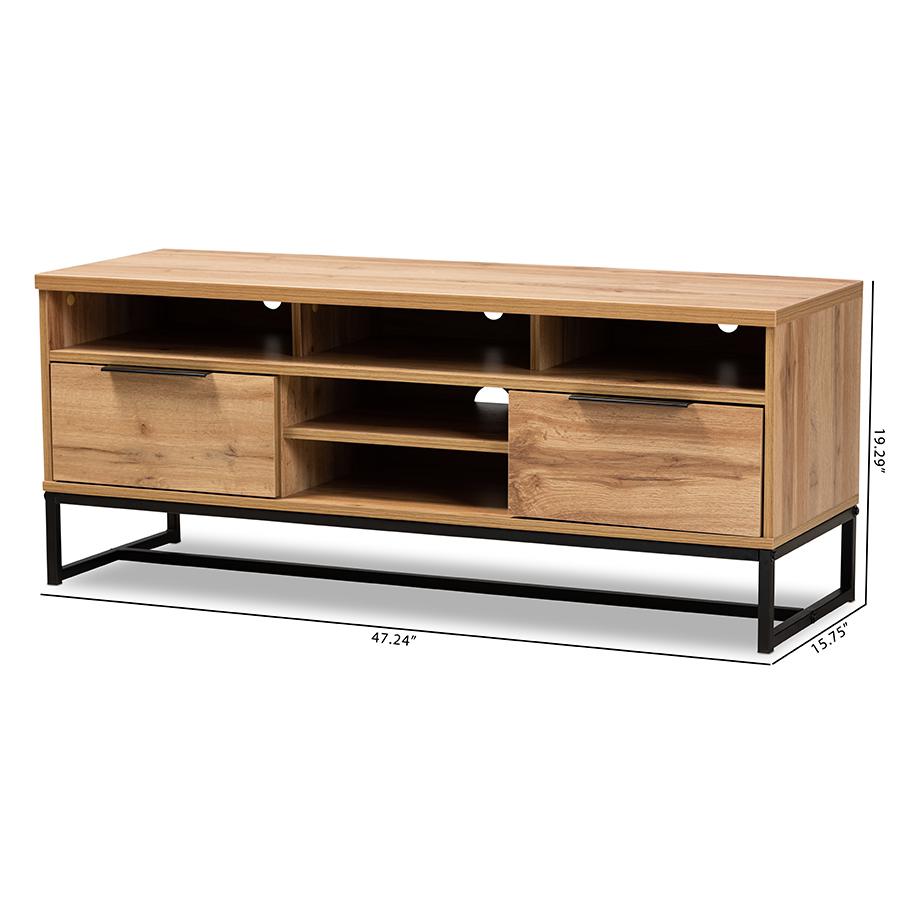 Reid Modern and Contemporary Industrial Oak Finished Wood and Black Metal 2-Drawer TV Stand. Picture 9