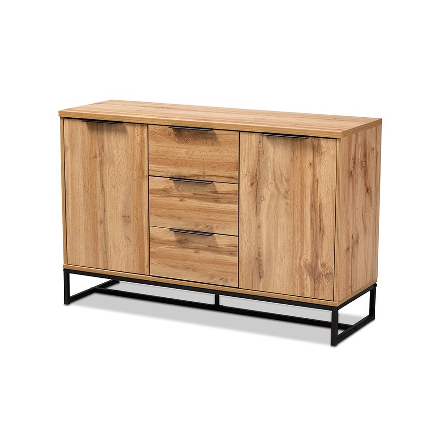 Reid Modern and Contemporary Industrial Oak Finished Wood and Black Metal 3-Drawer Sideboard Buffet. Picture 1