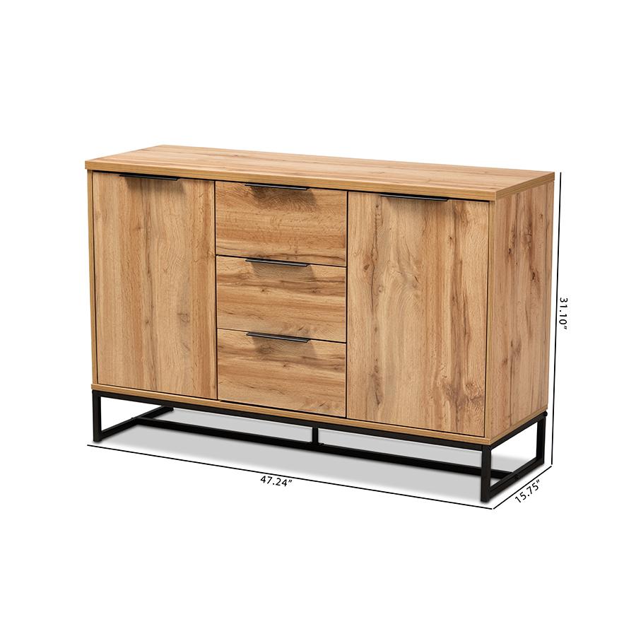Reid Modern and Contemporary Industrial Oak Finished Wood and Black Metal 3-Drawer Sideboard Buffet. Picture 10